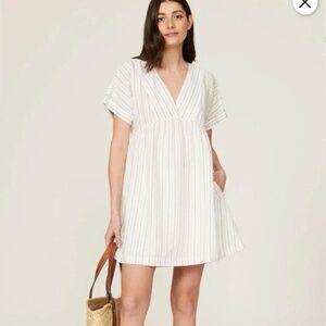 Madewell linen blend v neck babydoll mini‎ dress white & blue striped